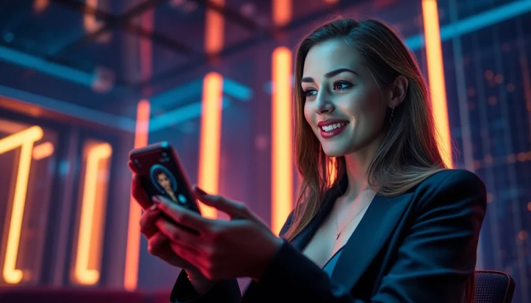 Excited woman engaging in intimate AI chat porn on a futuristic device.