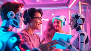 Engaging sexy AI chat scene with vibrant characters and futuristic chatroom.