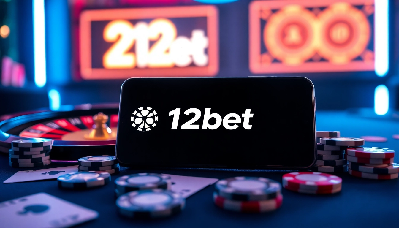 Engaging scene featuring the 12bet app with casino elements like roulette, chips, and cards.
