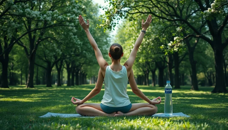 Personne pratiquant le yoga en plein air, illustrant un style de vie sain et équilibré.