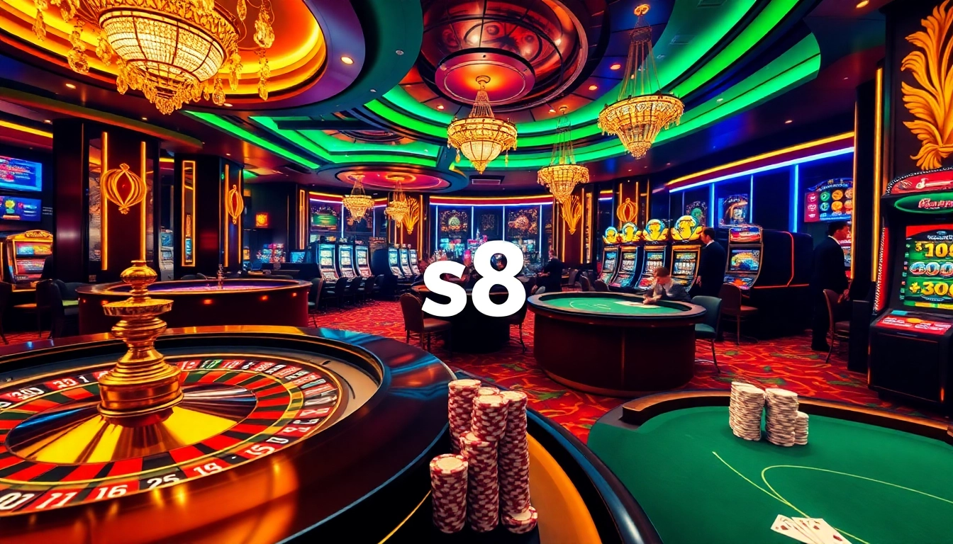 S8 casino experience with players engaged in exciting games on roulette and poker tables.