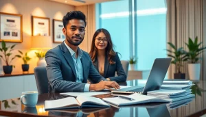 Traducteur professionnel au travail, démontrant la traduction certifiée dans un bureau élégant.
