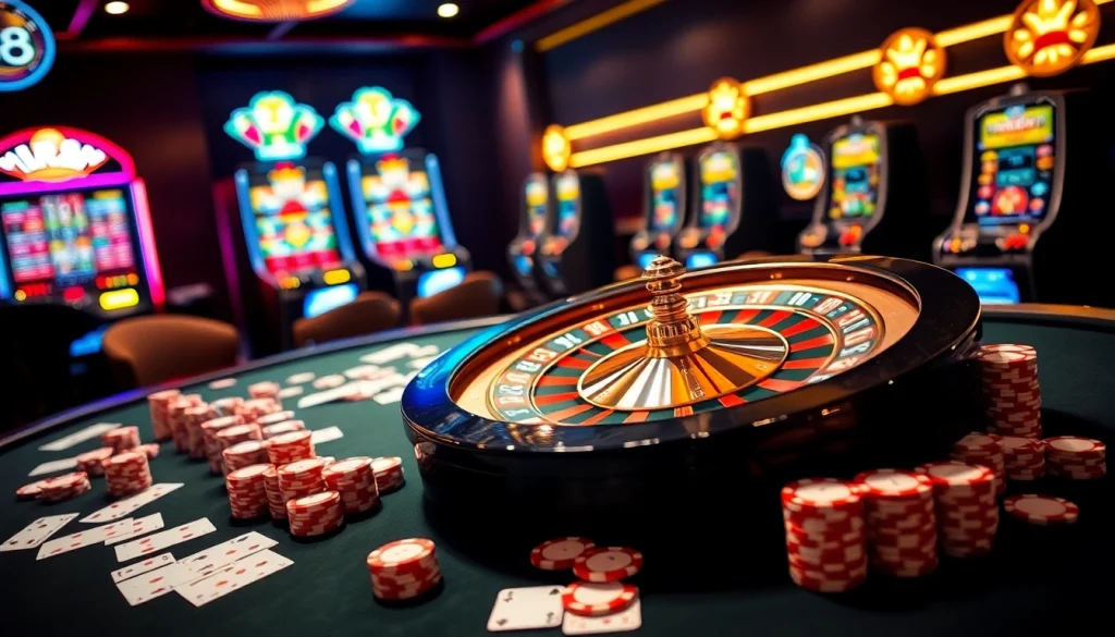 Experience the thrill of RR88 casino with vibrant roulette, poker chips, and luxury setting.