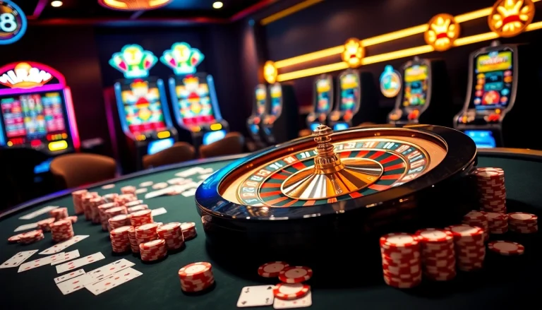 Experience the thrill of RR88 casino with vibrant roulette, poker chips, and luxury setting.
