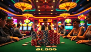 Players engaged at a vibrant BL555 poker table, surrounded by colorful slot machines and casino energy.