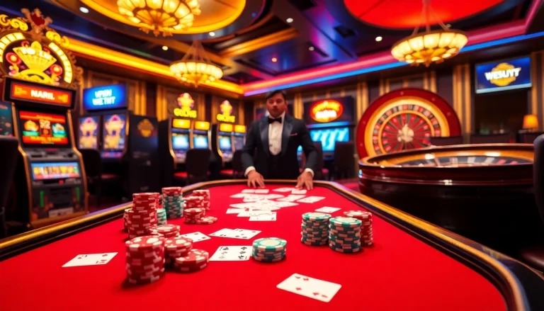 Players enjoying a poker game at https://kkwin.fan/ with vibrant chips and casino ambiance.