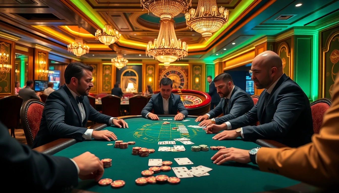 Exciting high-stakes poker game showcasing luxury at https://kuwinzhz.com/ with polished chips and vibrant cards.