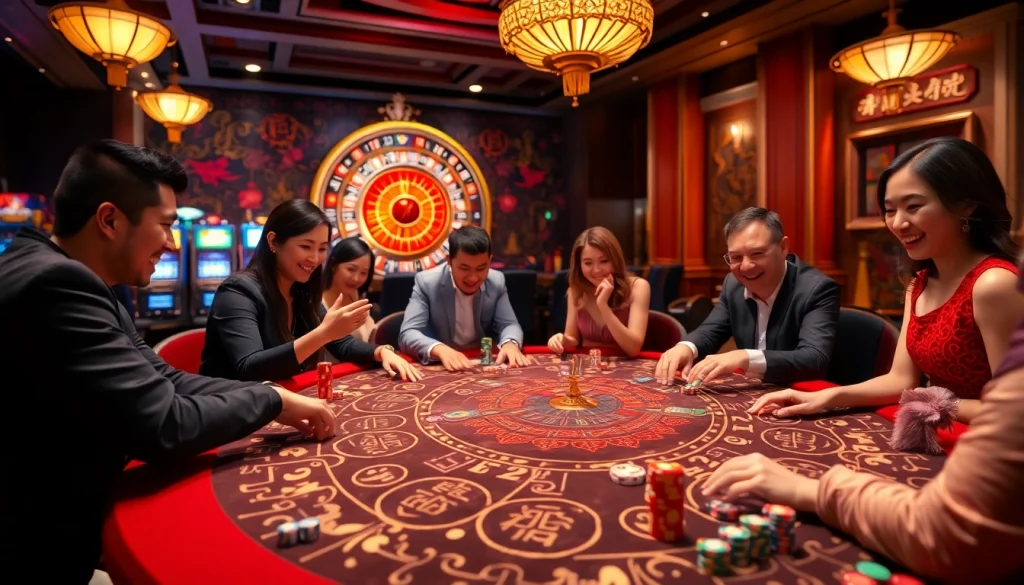 Players enjoying tai xiu at a vibrant casino table surrounded by colorful dice and chips.