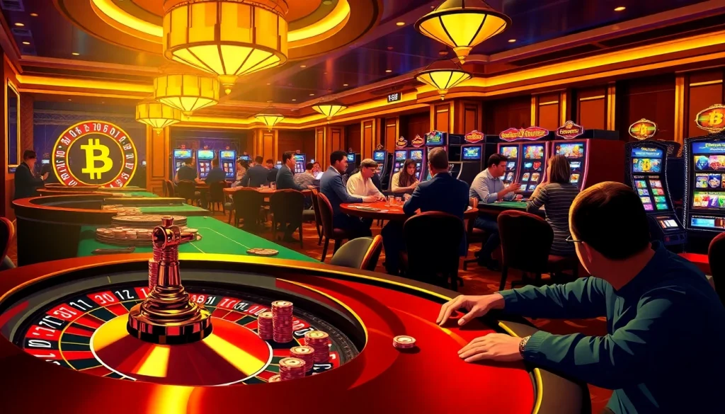 Playing at a Bitcoin casino with vibrant atmosphere and exciting gambling action.