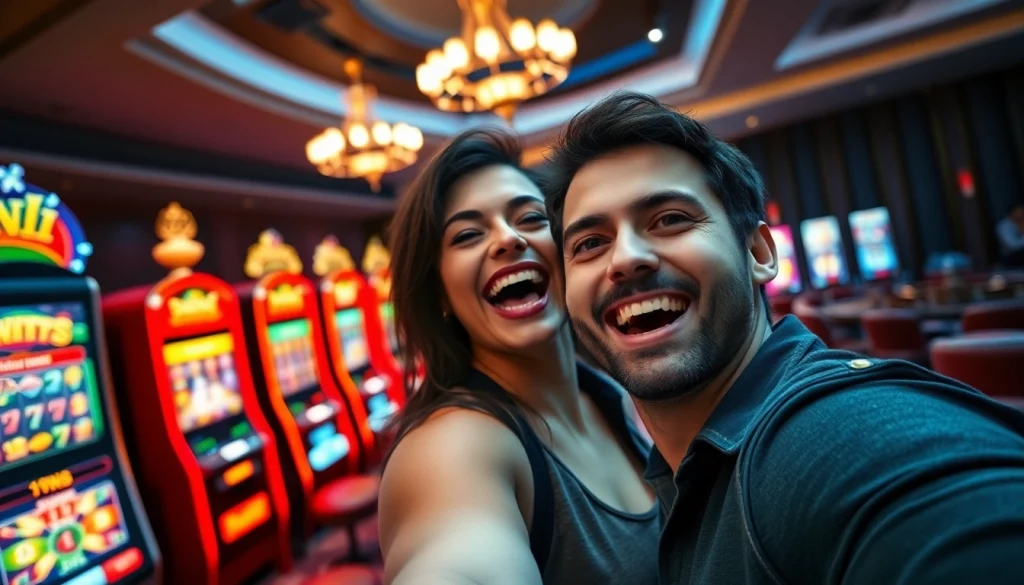 Jouer aux jeux casino en ligne avec enthousiasme dans un casino lumineux et animé.