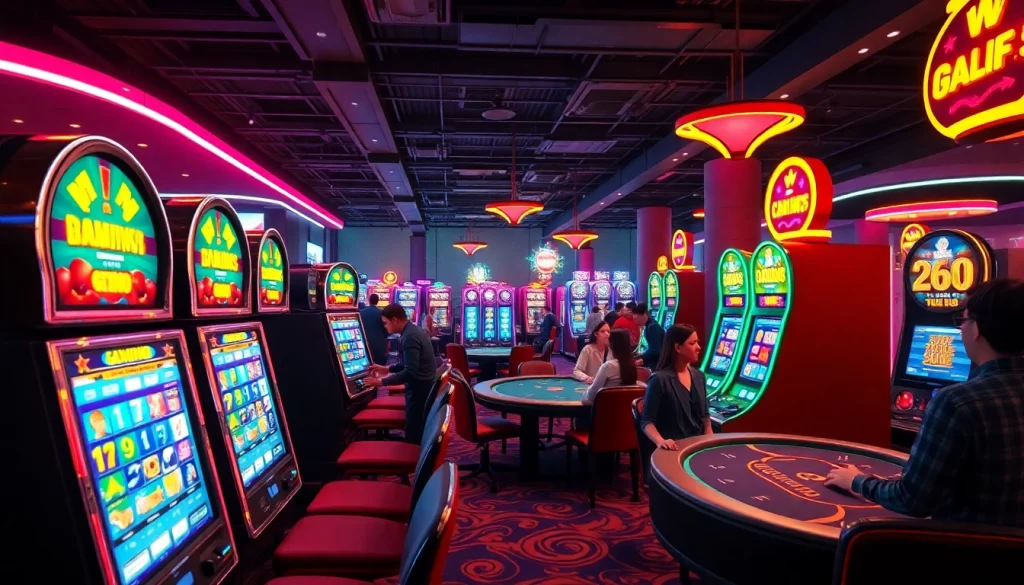 Casino en ligne vibrant avec des machines à sous colorées et des joueurs heureux.