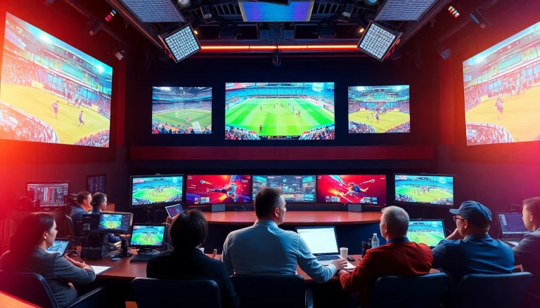 Engaging scene of sports broadcasting setup highlighting dynamic presenter and advanced technology.