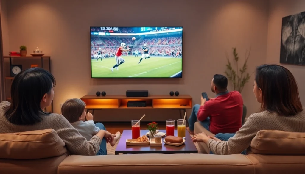 Family enjoying Iron TV Pro in a cozy living room with smart TV showing sports.