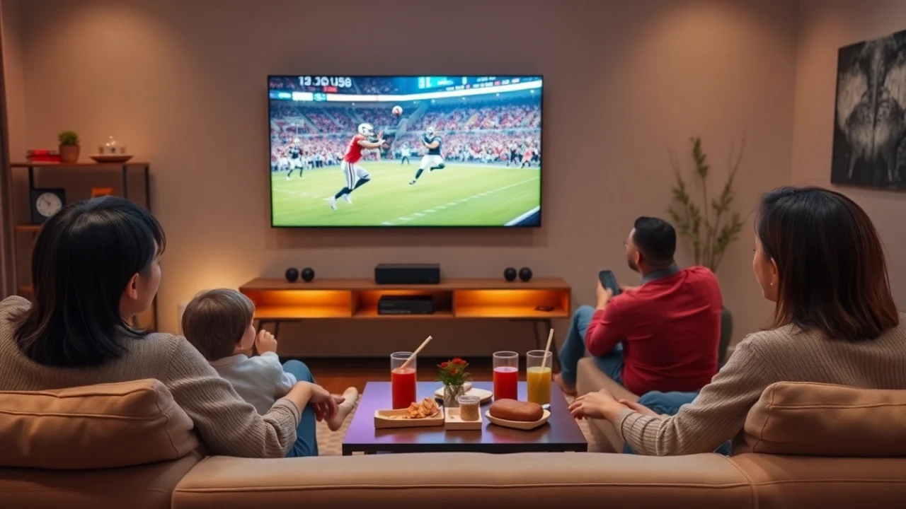 Family enjoying Iron TV Pro in a cozy living room with smart TV showing sports.