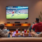 Family enjoying Iron TV Pro in a cozy living room with smart TV showing sports.