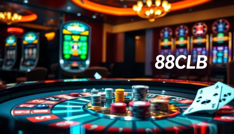 Exciting casino scene with 88CLB logo on roulette table and poker cards.