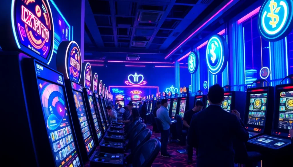 Visiteurs jouant au casino en ligne crypto avec des machines à sous numériques lumineuses.
