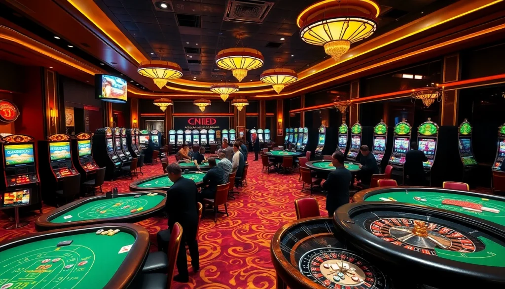 Excited players enjoying games at Bk33 casino with vibrant slot machines and luxurious tables.