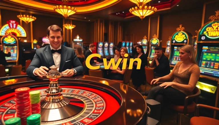 Cwin betting excitement at a luxurious casino with roulette and slot machines.
