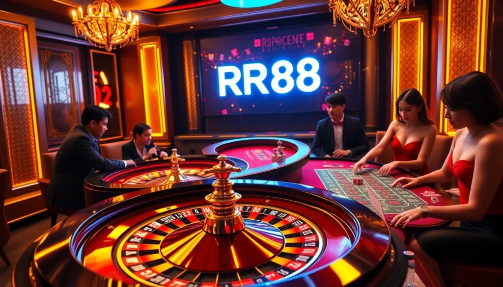 Experience the excitement of winning at RR88 with vibrant casino visuals of poker and roulette.