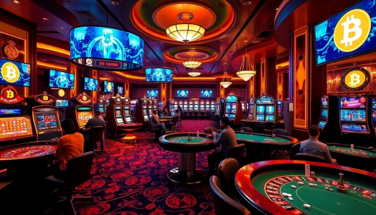 Players enjoying thrilling games at a vibrant Bitcoin casino, showcasing excitement and luxury.