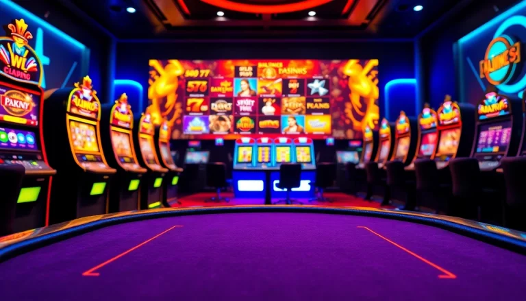 Jouez à des jeux casino en ligne dans un environnement luxueux et vibrant rempli de machines à sous colorées.