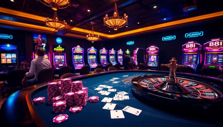 A vibrant casino scene showcasing the 88i gaming experience with players engaged at tables, highlighting poker chips and roulette.