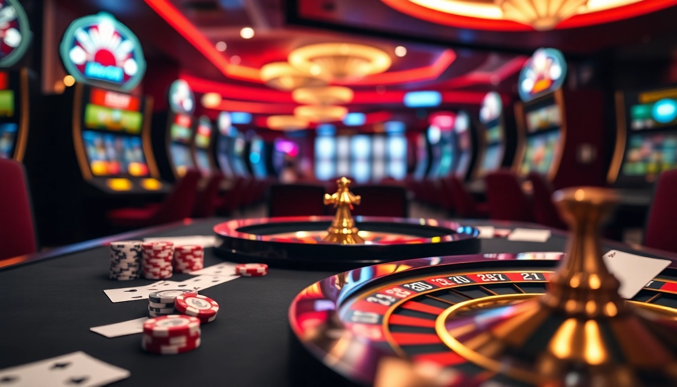 Experience thrilling gaming at UU88 with vibrant casino tables, cards, and roulette wheels.