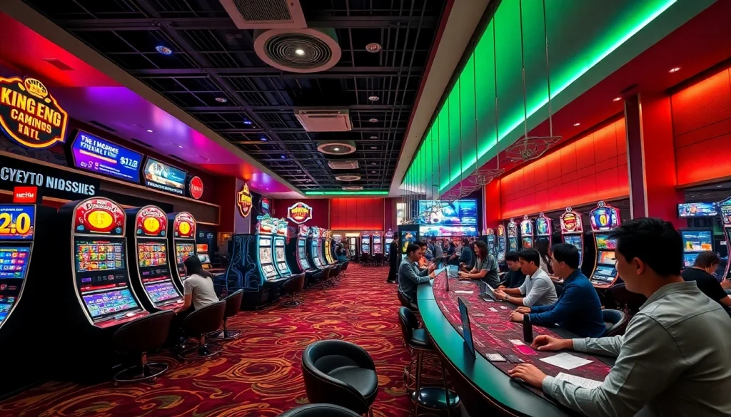 Casino français crypto : ambiance électrisante dans un casino moderne avec machines à sous et tables de jeu.