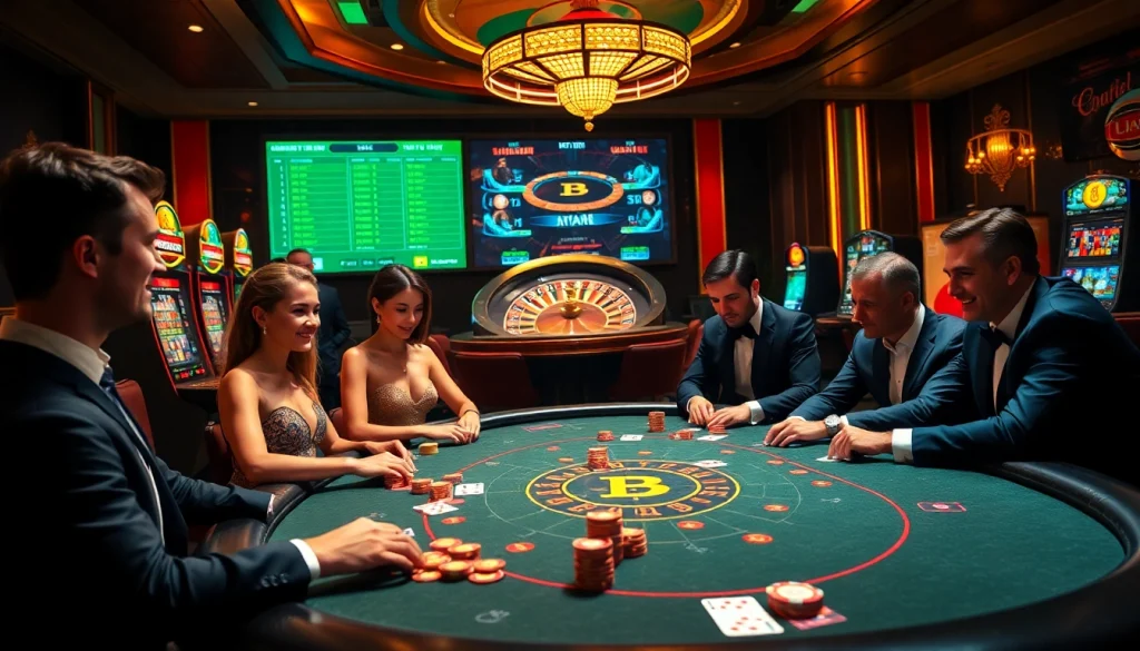 Players enjoying a thrilling moment at a Bitcoin casino poker table, with vibrant slot machines in view.