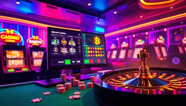 Experience the thrill of a Bitcoin casino with vibrant gaming elements and neon accents.