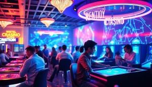 Joueurs amusant dans un casino numérique axé sur les crypto casinos avec un éclairage vibrant.