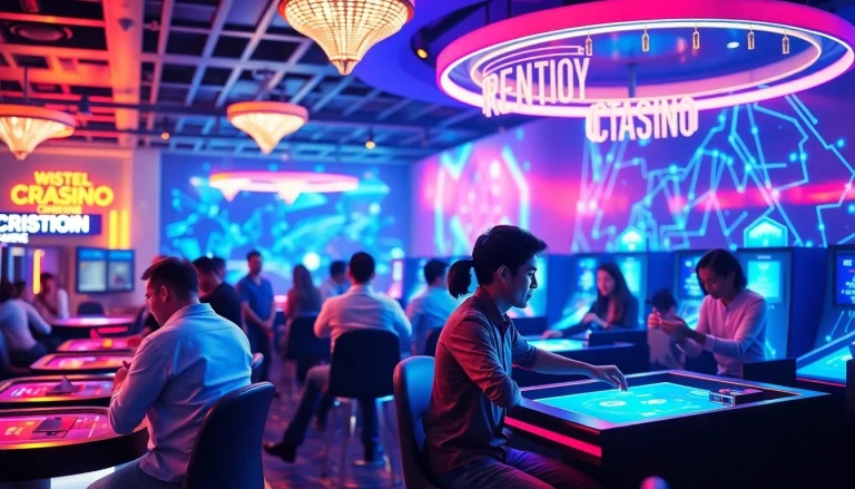 Joueurs amusant dans un casino numérique axé sur les crypto casinos avec un éclairage vibrant.